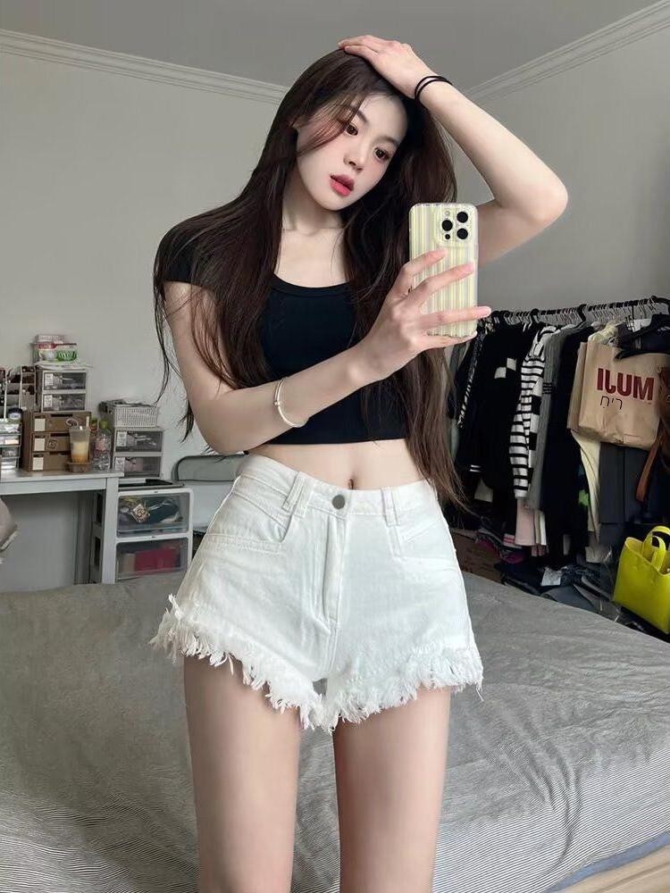 Shorts Denim Frayed - Shorts de Denim Branco de Cintura