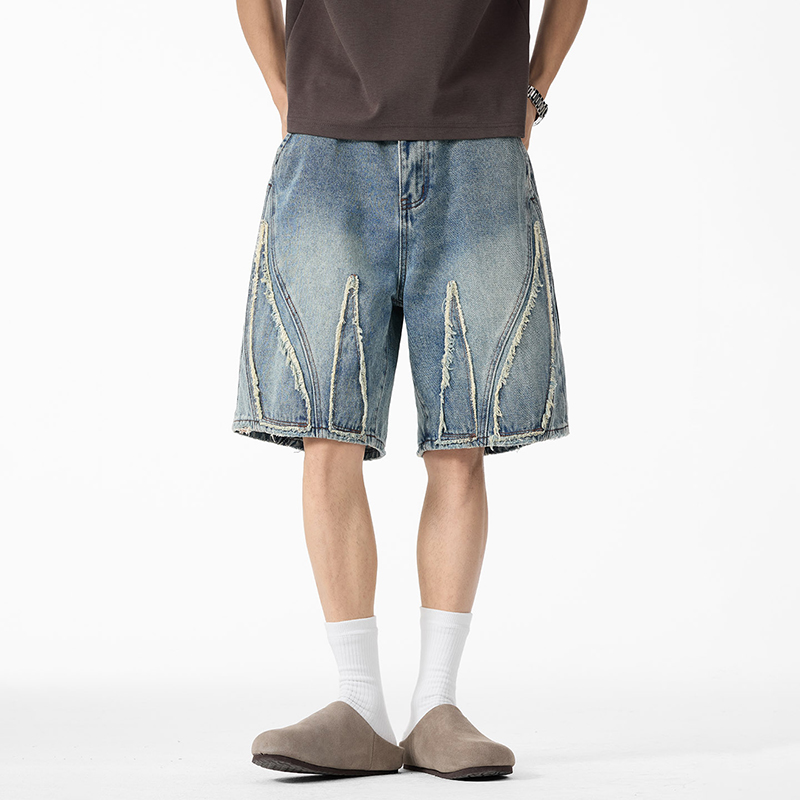 Shorts Denim Frayed - Bermudas Jeans Masculinas Baggy, com Bainha