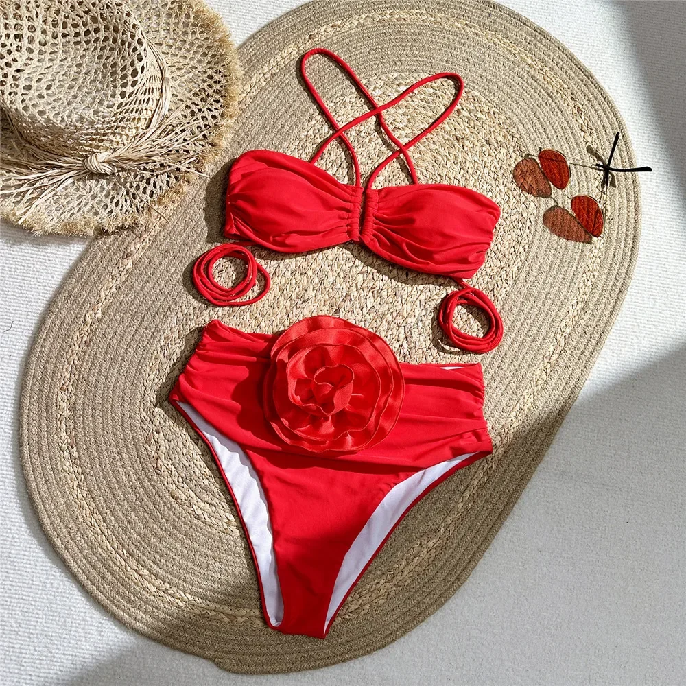 Sexy vermelho 3d flor banho ha - Swimsuit Bikini Ruched avaliação e preço