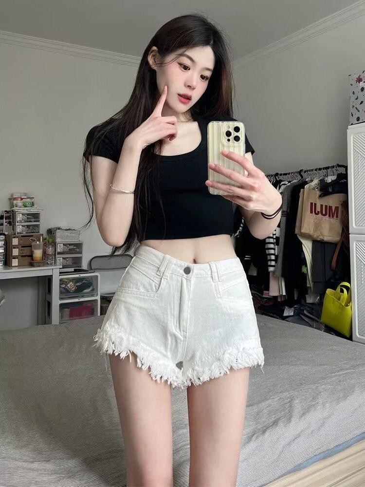 Shorts de Denim Branco de Cint - Shorts Denim Frayed avaliação e preço